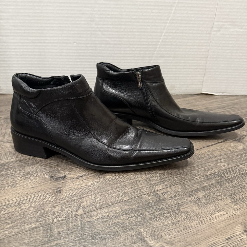 Clemente Men's Size 42 Black Leather Side ZipAnkle Dress Boots Square Toe